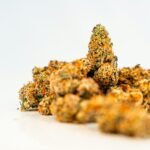 a pile of orange weed sitting on top of a white table